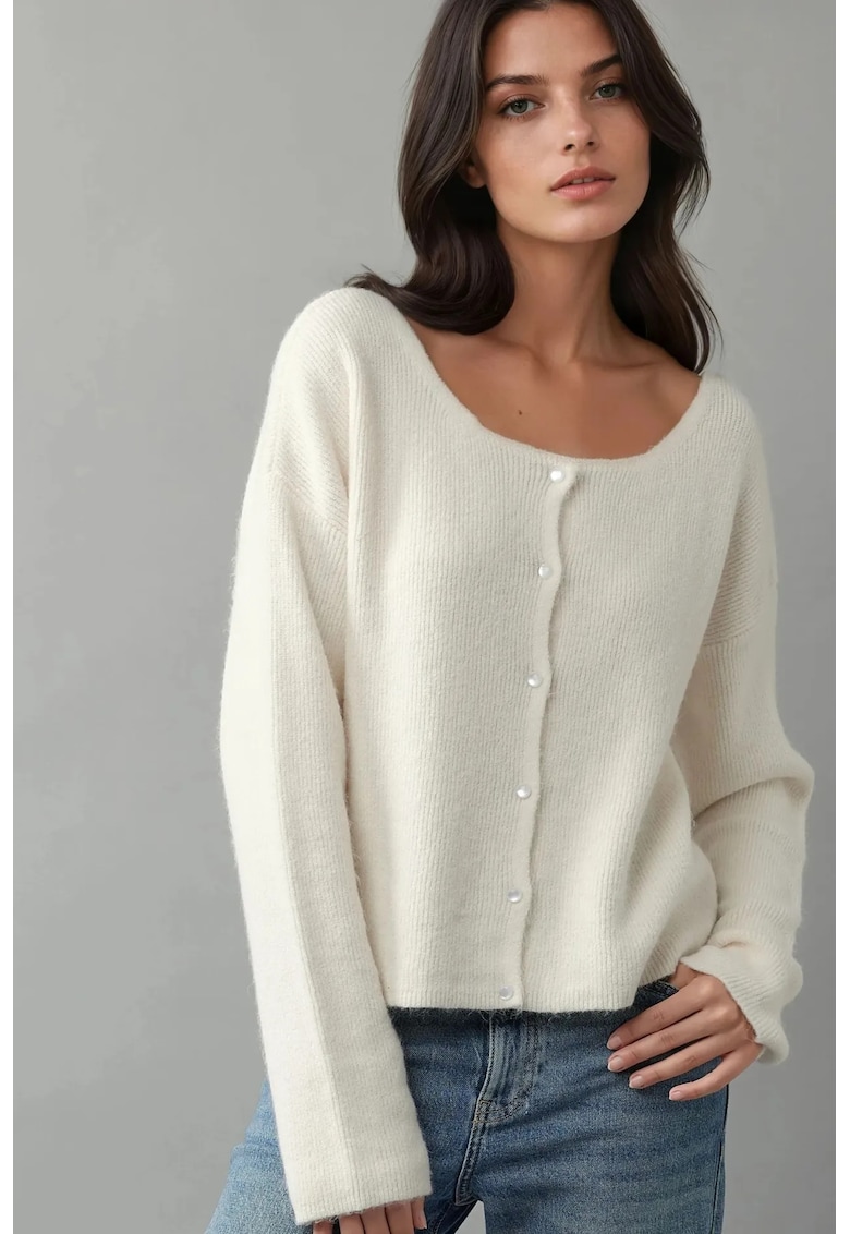 Cardigane - Femei - Cardigan ultra-moale cu guler rotund si nasturi - cu utilizare dubla - Bej Natural -