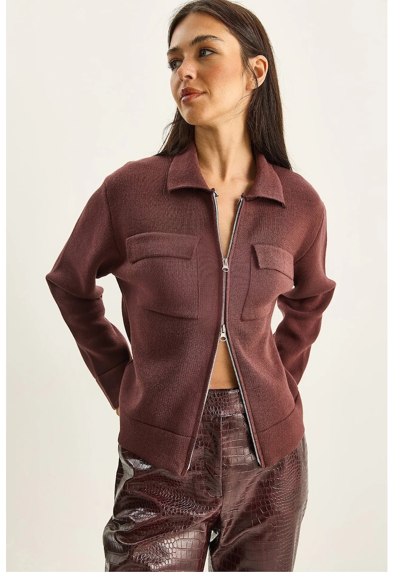 Pulover dama - cardigan tricotat cu fermoar si buzunare - maro castaniu - tricot -