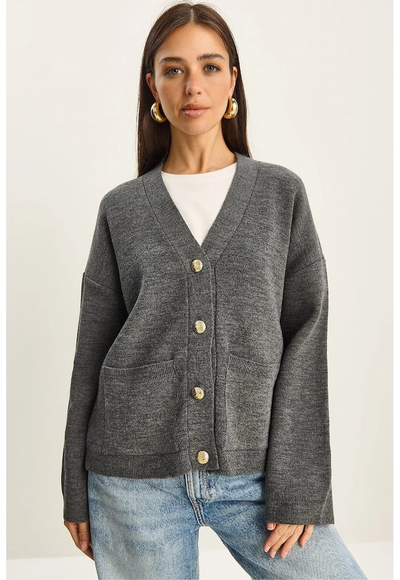 Pulover dama - cardigan tricotat gros - decolteu in V - gri - tricot -