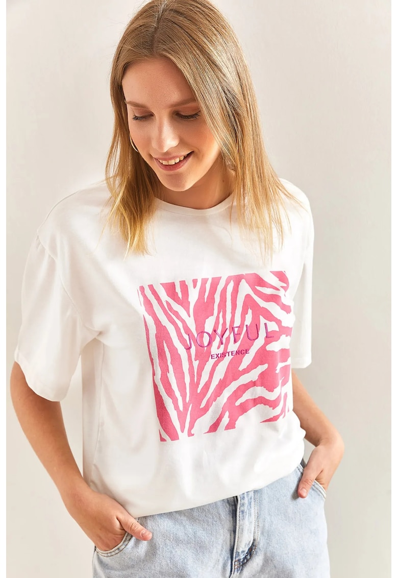 Tricou dama - tricou cu guler rotund - imprimeu - roz magenta - bumbac -