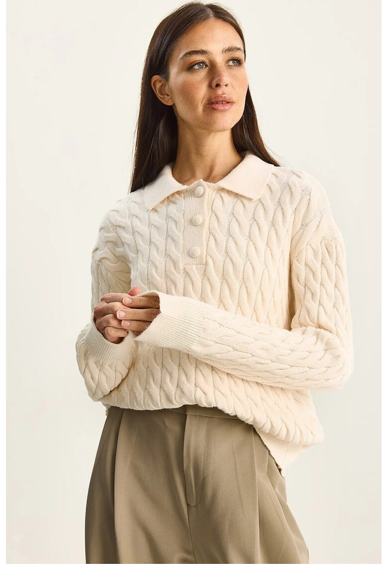 Pulover dama - guler polo - model impletit gros - crem - tricot -