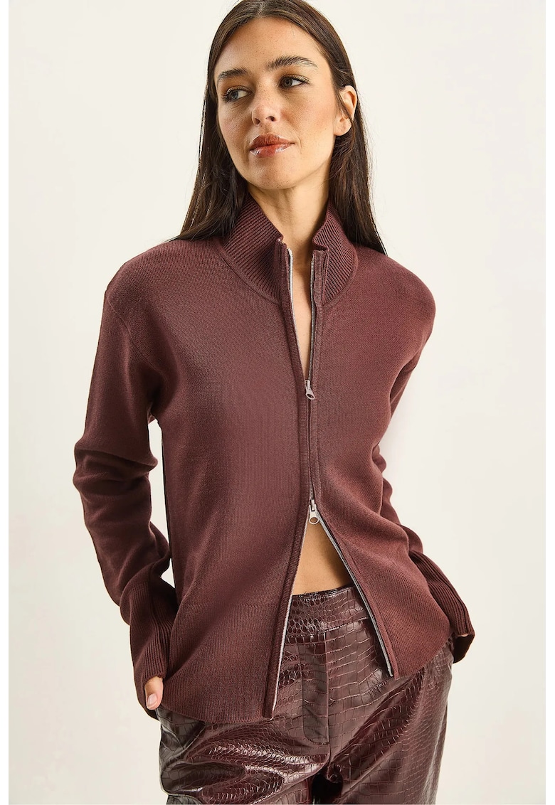 Pulover dama - cardigan tricotat - guler pe jumatate - fermoar - visiniu - tricot -