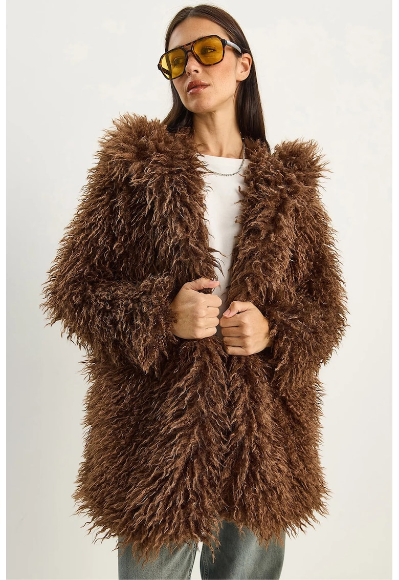 Palton dama supradimensionat - blana artificiala - maro