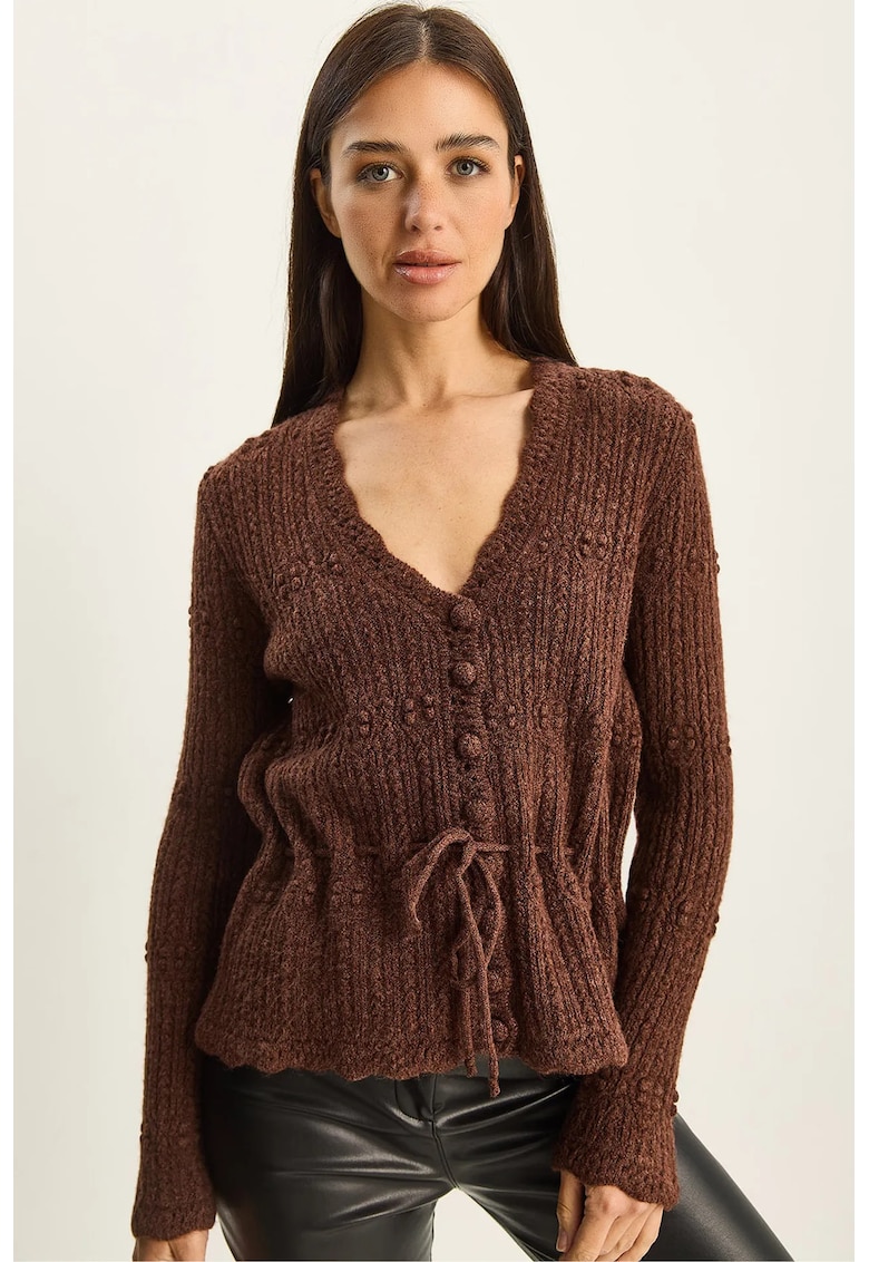 Pulover dama - cardigan cu nasturi - decolteu in V - maro - tricot -