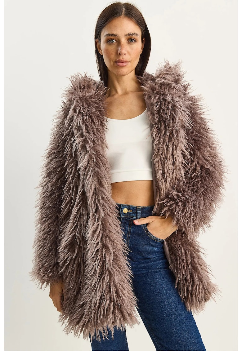 Palton dama supradimensionat - din blana artificiala - maro