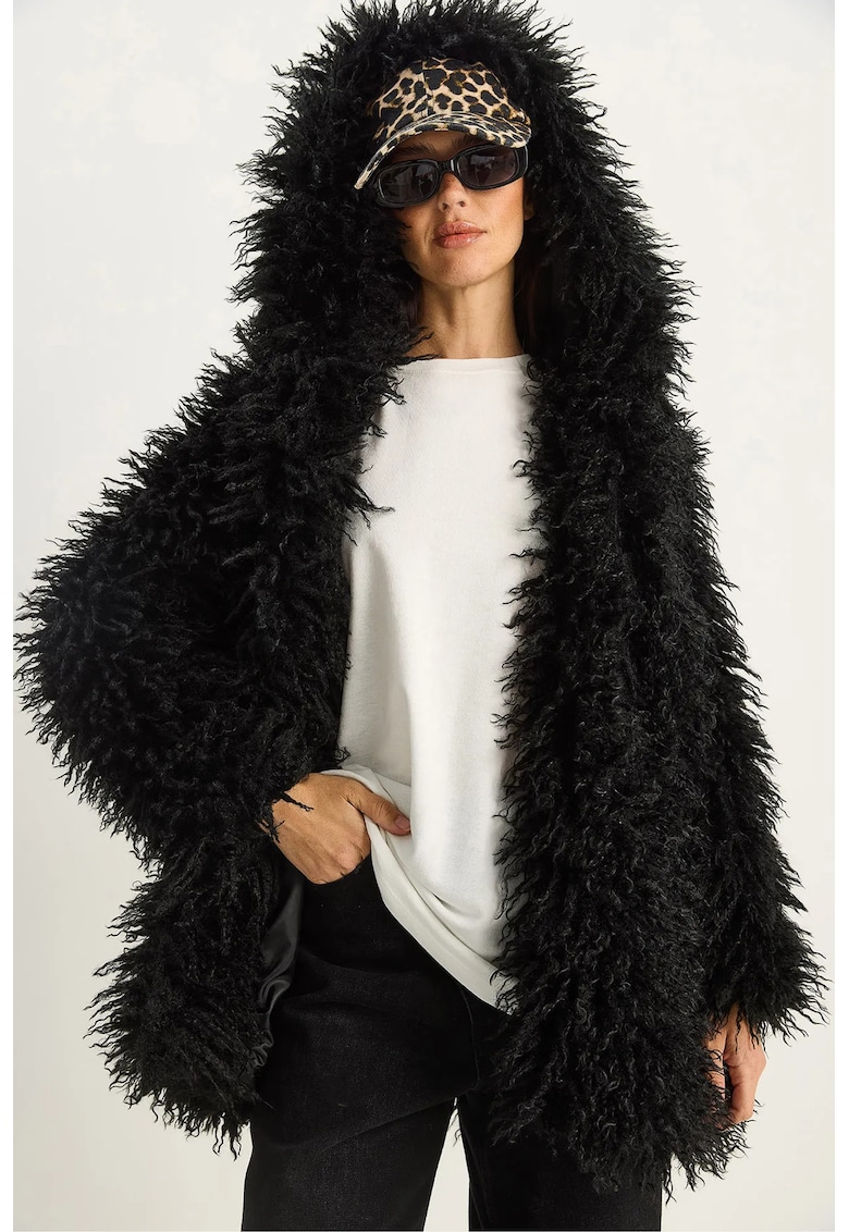 Palton dama - supradimensionat - cu gluga - din blana artificiala - negru