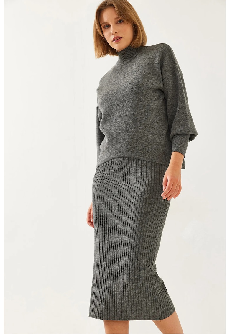 Set tricotat guler inalt - gri carbune - tricot -