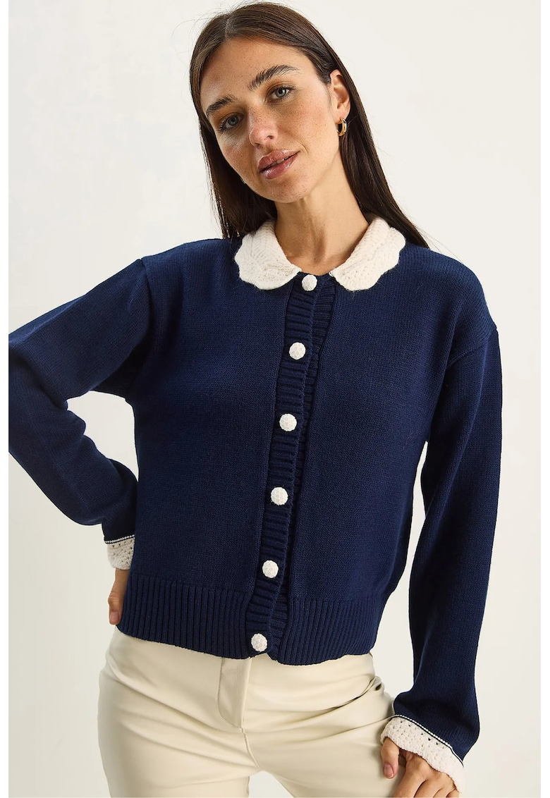 Pulover dama - cardigan tricotat gros cu nervuri - bleumarin - tricot -