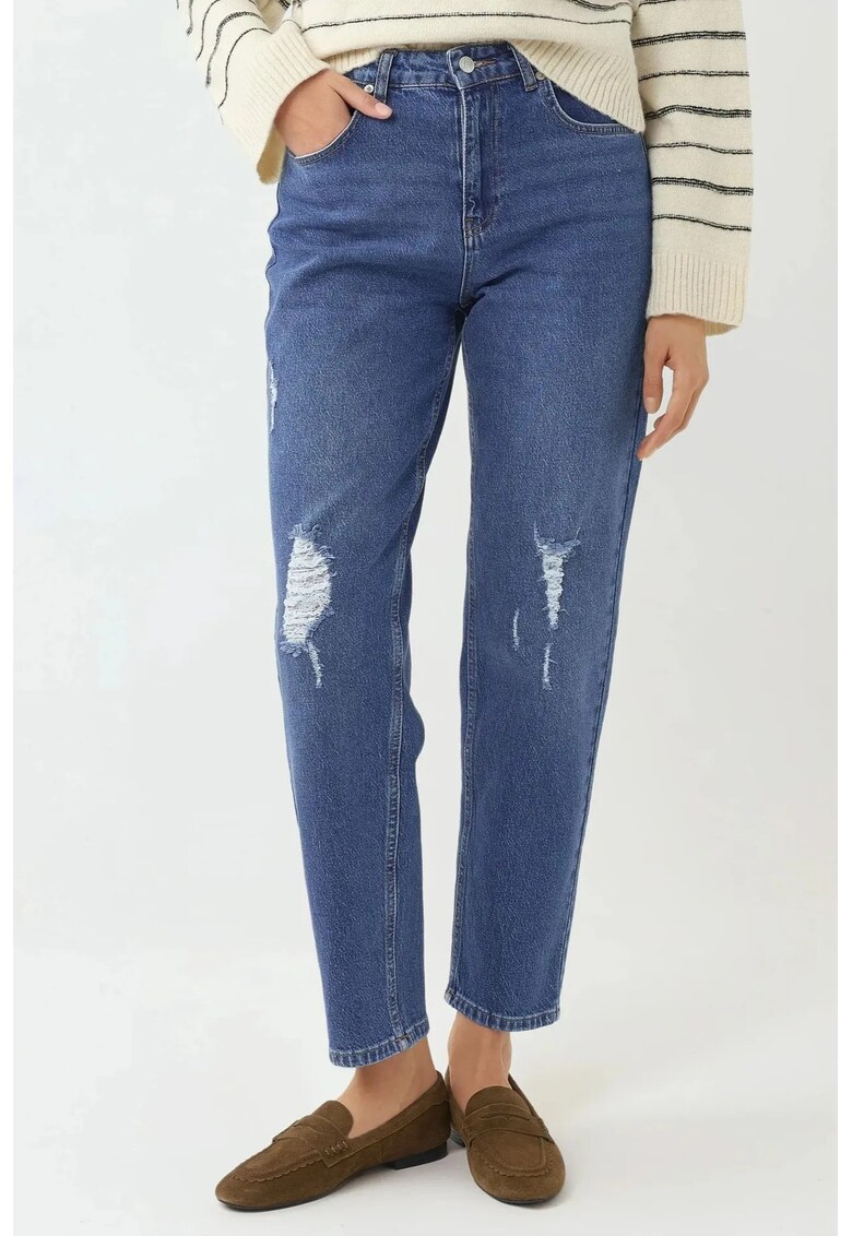 Blugi dama - slim fit - detalii distruse - denim albastru mediu