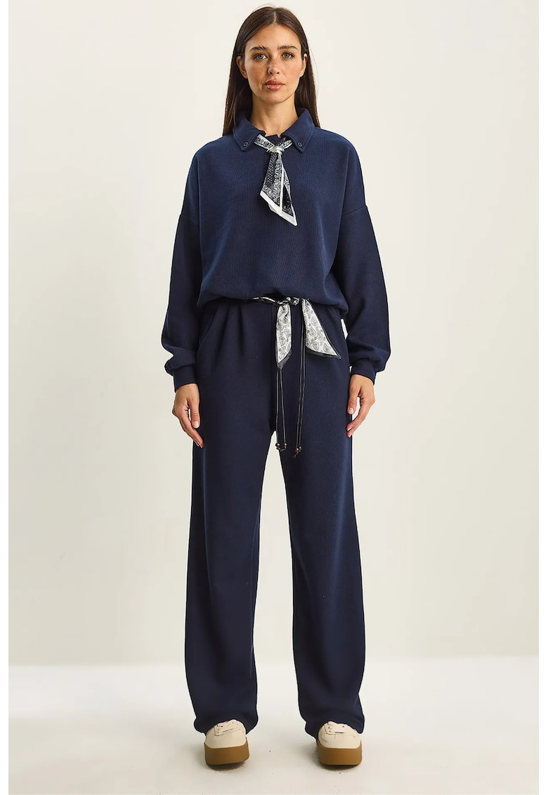 Set din doua piese - tricotat texturat - talie inalta - albastru marin - jerseu -