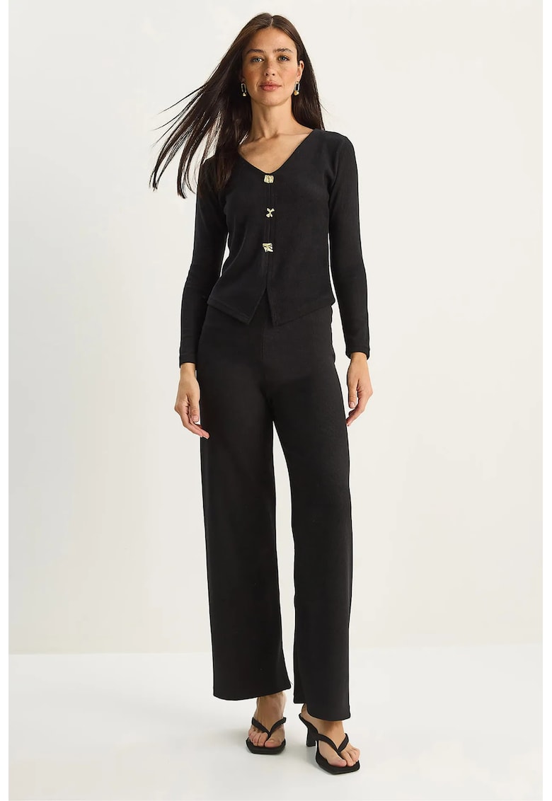 Set tricotat HiCCUP - decolteu in V - pantaloni largi - negru - material tricot