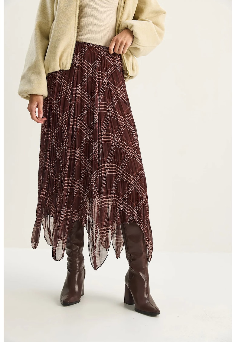 Fusta midi - carouri - captusita - maro - textil