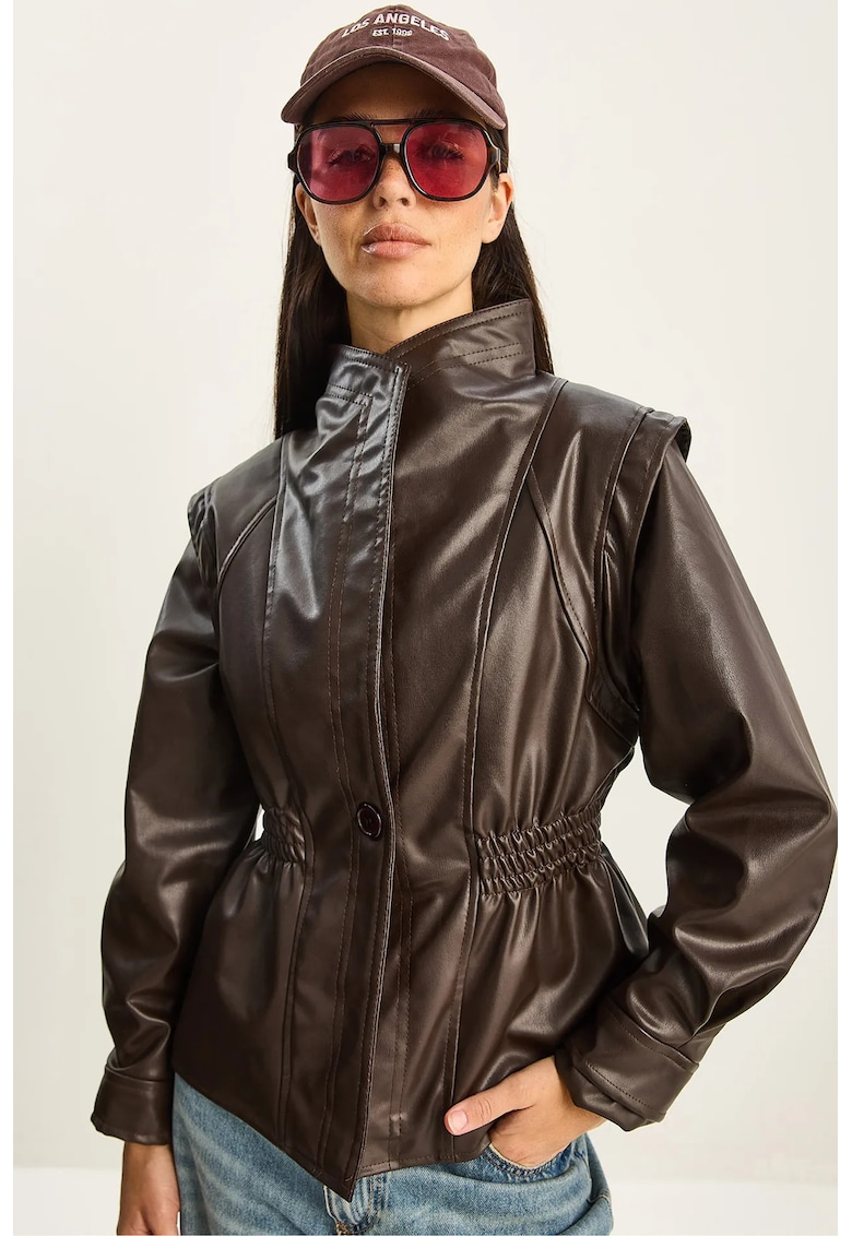 Geaca dama - jacheta supradimensionata din imitatie de piele - maro - textil