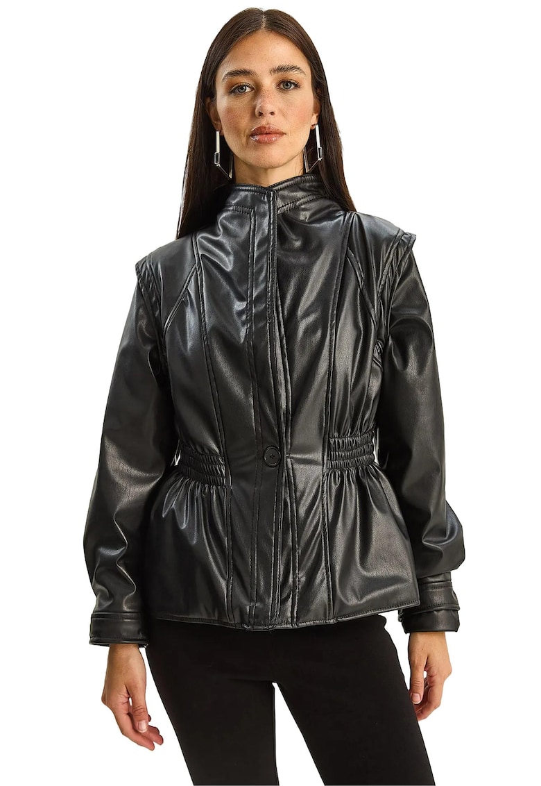 Geaca din imitatie de piele - supradimensionata - neagra - textil.