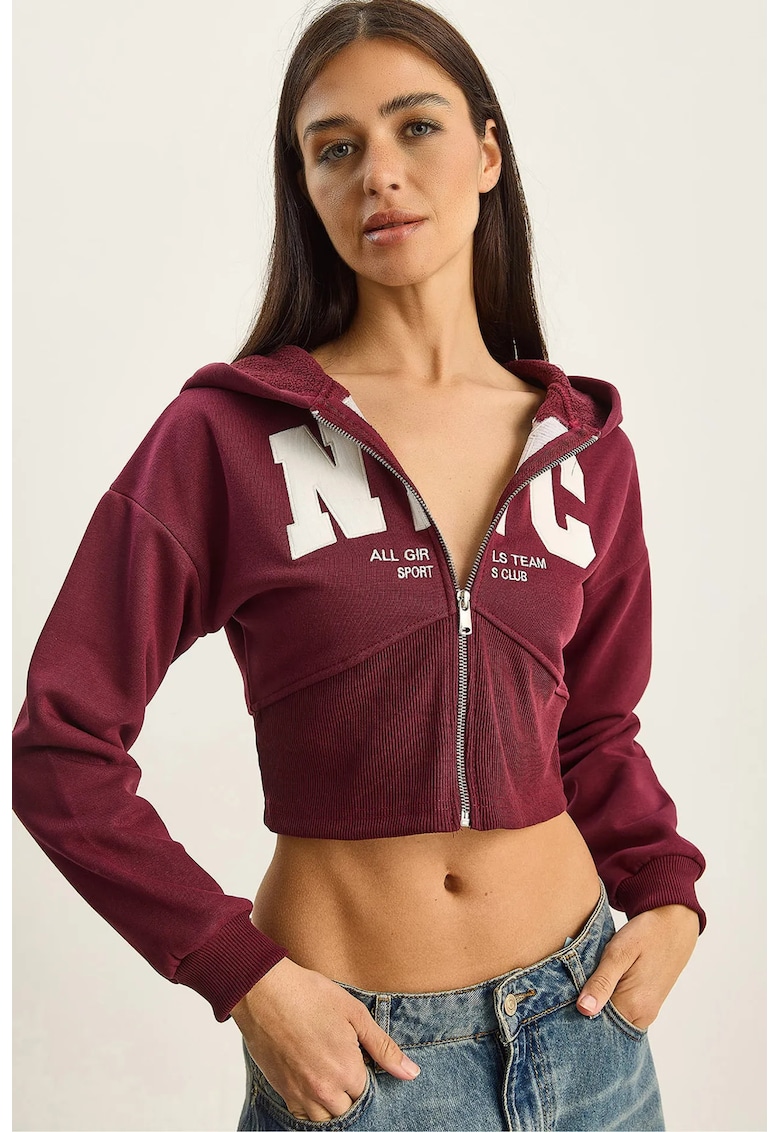 Hanorac dama - cardigan scurt cu gluga - imprimeu - rosu burgundia - jerseu