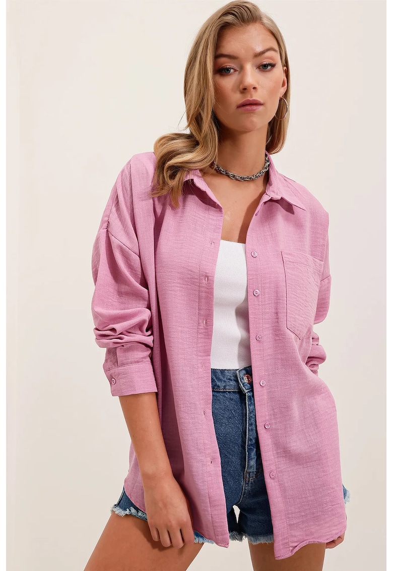 Camasi - Femei - Camasa simpla BDART cu detalii la buzunare din amestec de in - Roz pudrat -