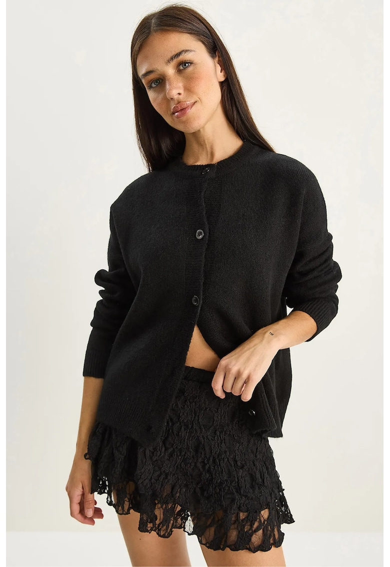 Pulover dama - cardigan tricotat gros cu nervuri - negru - tricot -