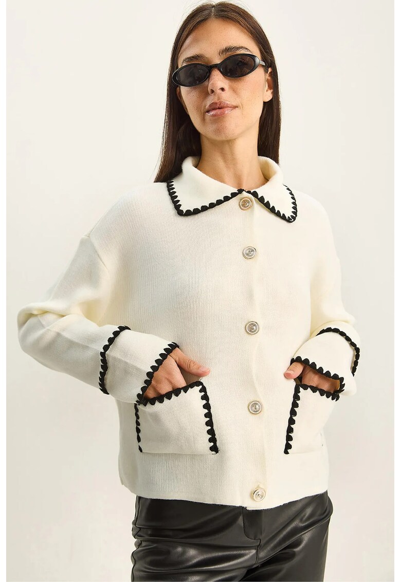 Pulover dama - cardigan cu maneca lunga - nervuri - ivory - tricot -