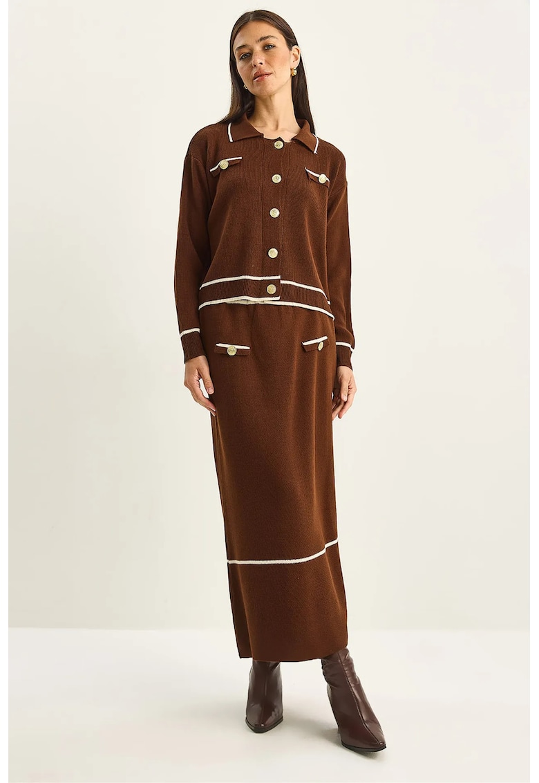 Costum dama - set din doua piese - tricot - midi - maro cafeniu -