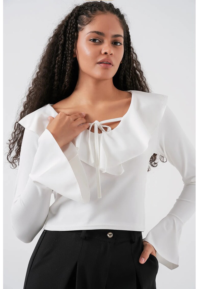 Bluza dama - HiCCUP - scurta cu volane - decolteu in V - alb - textil