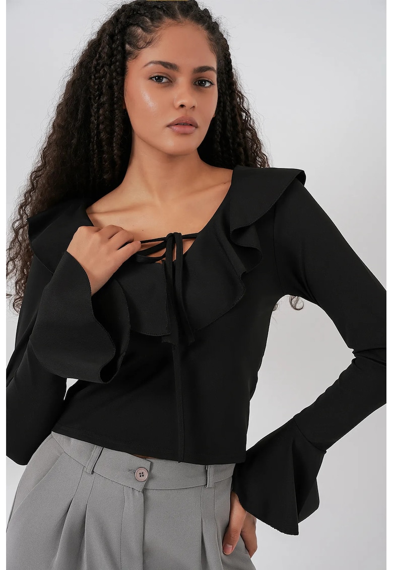 Bluza dama - HiCCUP - scurta cu volane - decolteu in V - negru - textil