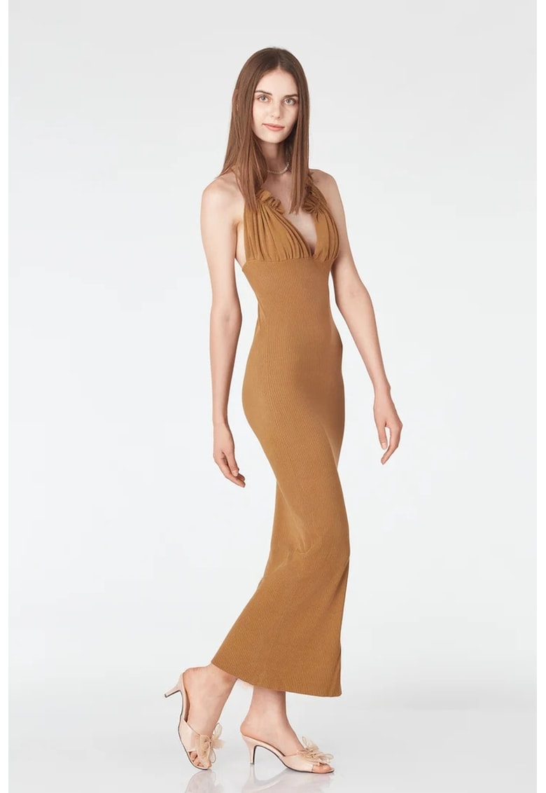 Rochie maxi cu croiala cambrata si decolteu in V - Caramel