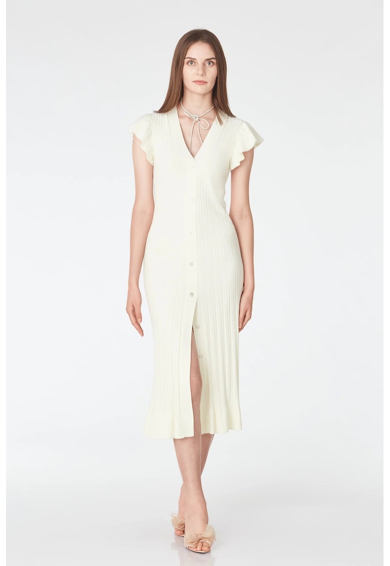 Rochie cu maneca scurte cu volane si nasturi - Alb fildes