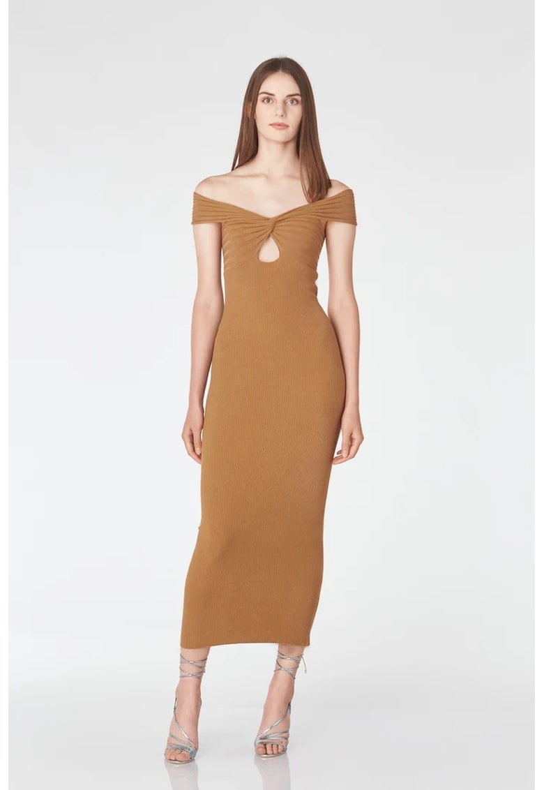 Rochie midi cu croiala cambrata si decolteu pe umeri - Caramel