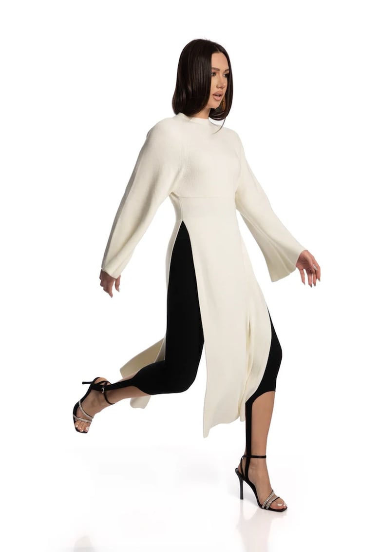 Rochie midi din tricot cu slituri laterale - Alb