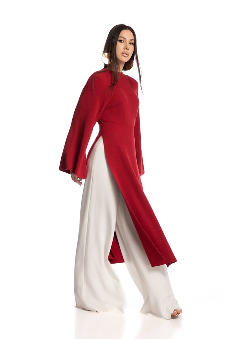 Rochie midi din tricot cu slituri laterale - Caramiziu