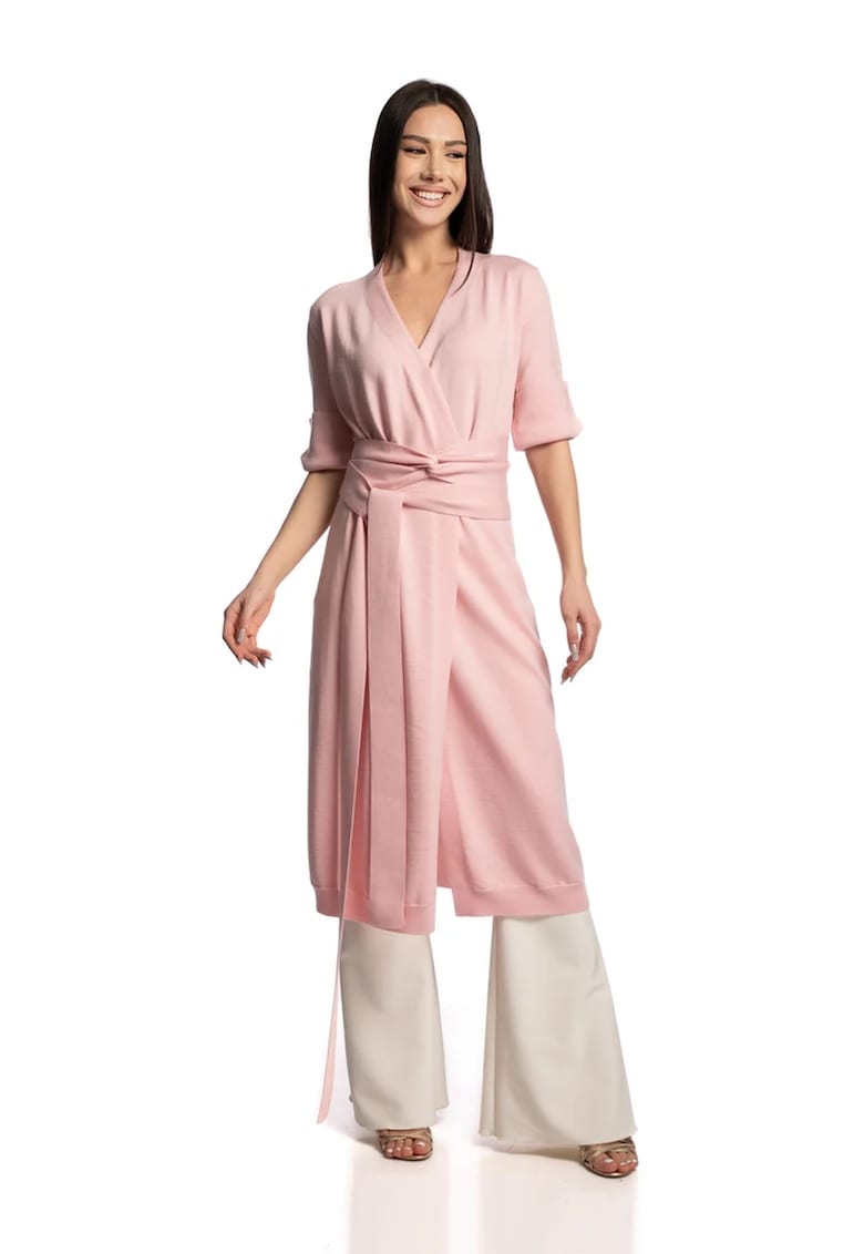 Cardigan din lama merinos cu model petrecut - Roz pastel