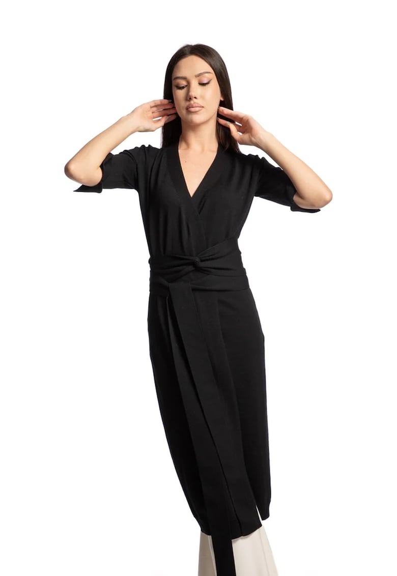 Cardigan din lama merinos cu model petrecut - Negru