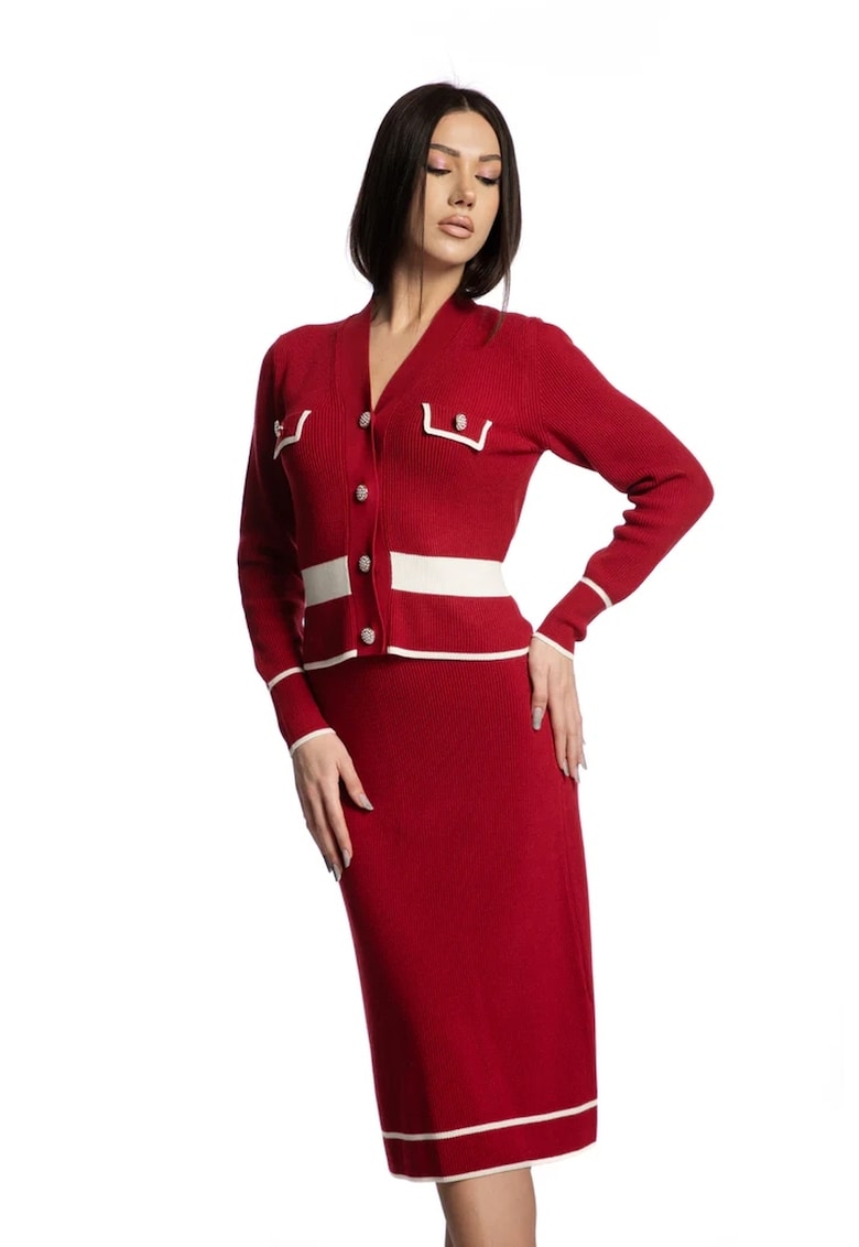 Cardigan cu nasturi tip bijuterie - Alb/Rosu inchis