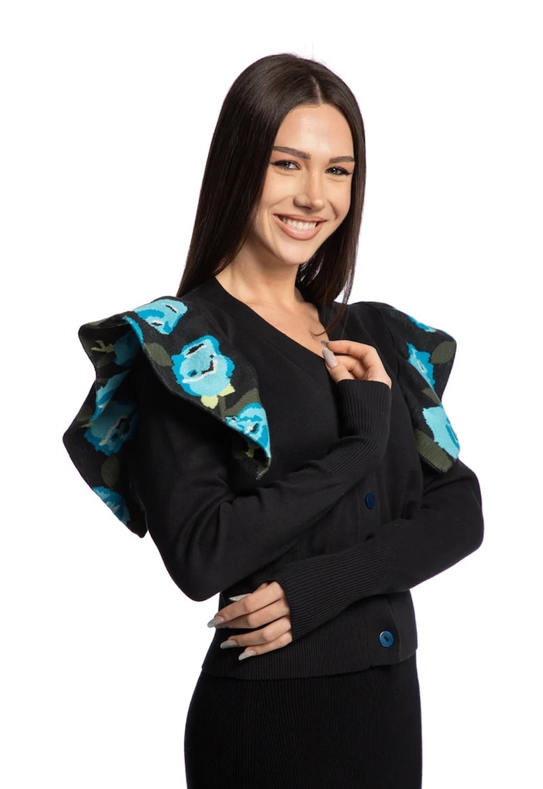 Cardigan tricotat din bumbac - Negru/Albastru royal/Verde sparanghel