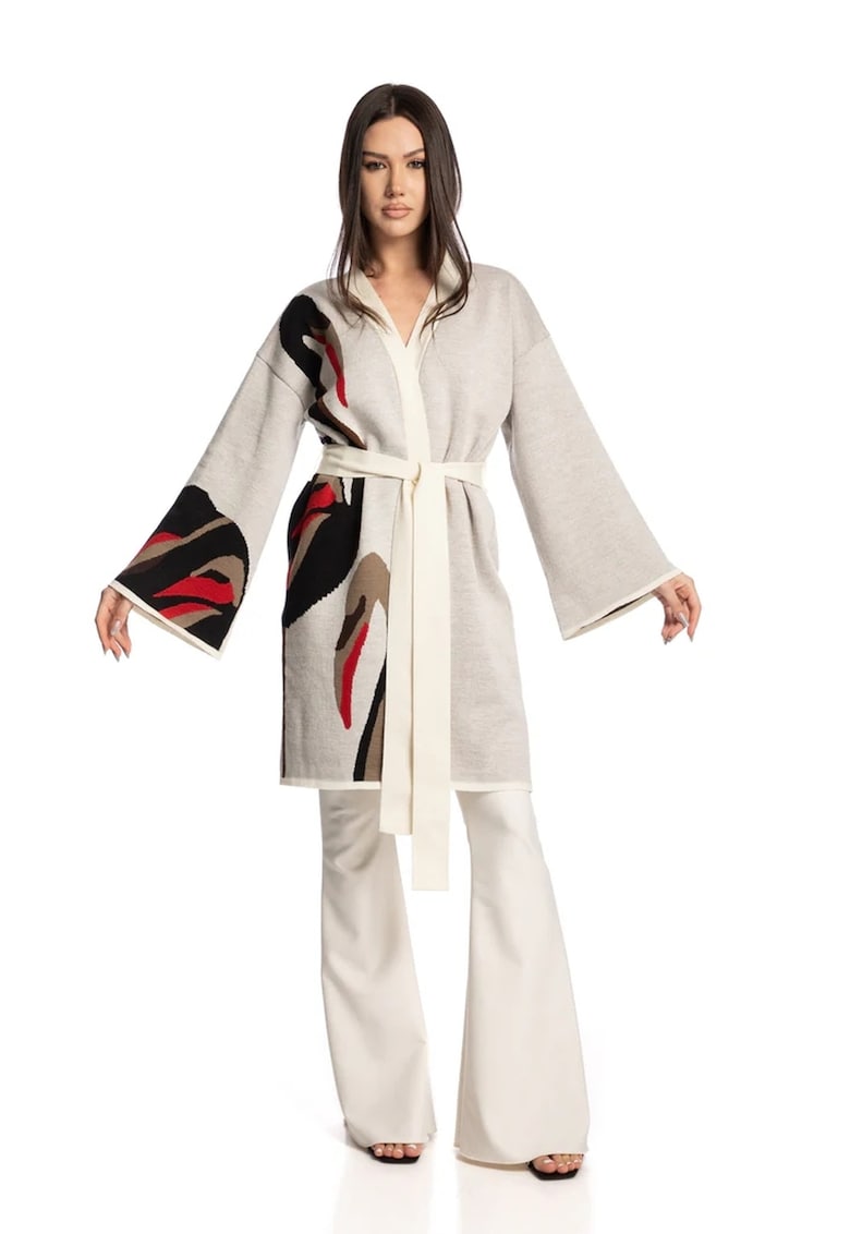 Cardigan din lana cu cordon - Rosu/Negru/Gri deschis