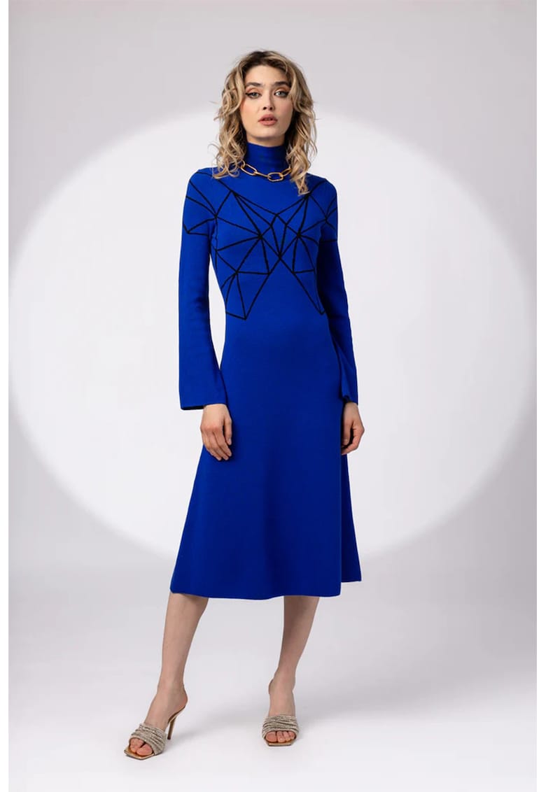 Rochie cu guler mediu si garnitura cu model geometric - Albastru royal
