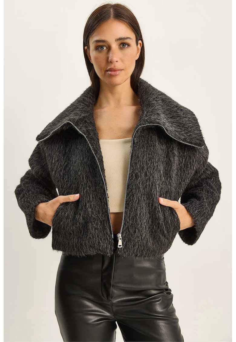 Jacheta dama textil - gri carbune