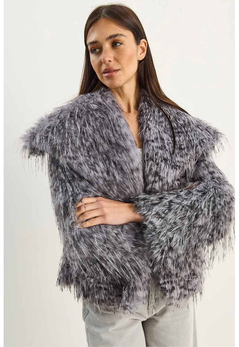 Palton scurt dama supradimensionat - din blana artificiala - imprimeu leopard - gri carbune