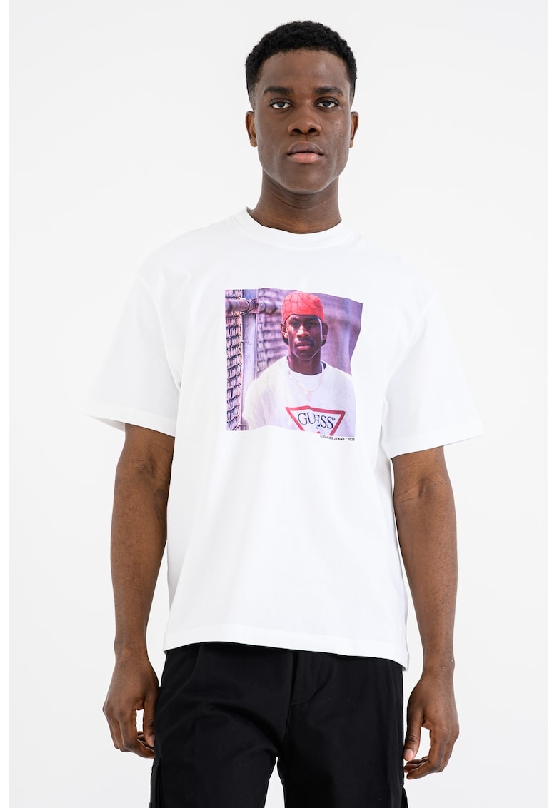 Tricou cu decolteu la baza gatului si imprimeu foto Allen Iverson - Alb/Mov inchis