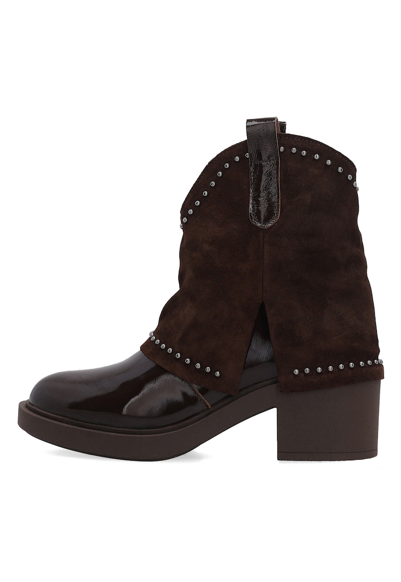 Botine cowboy din piele lacuita - cu garnitura de piele intoarsa