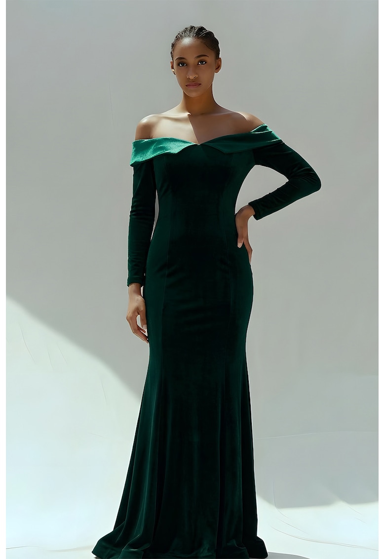 Rochie catifelata cu decolteu pe un umar - Verde aquamarin