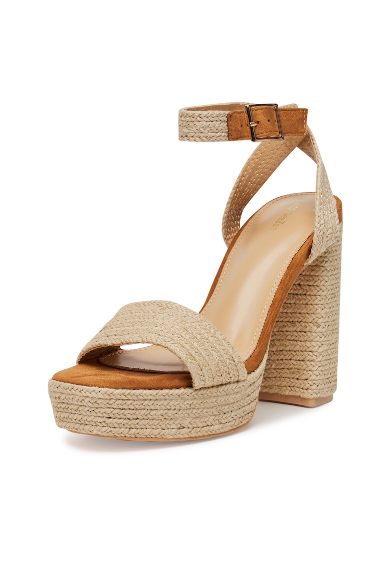 Sandale dama - cu toc - bej - textil -
