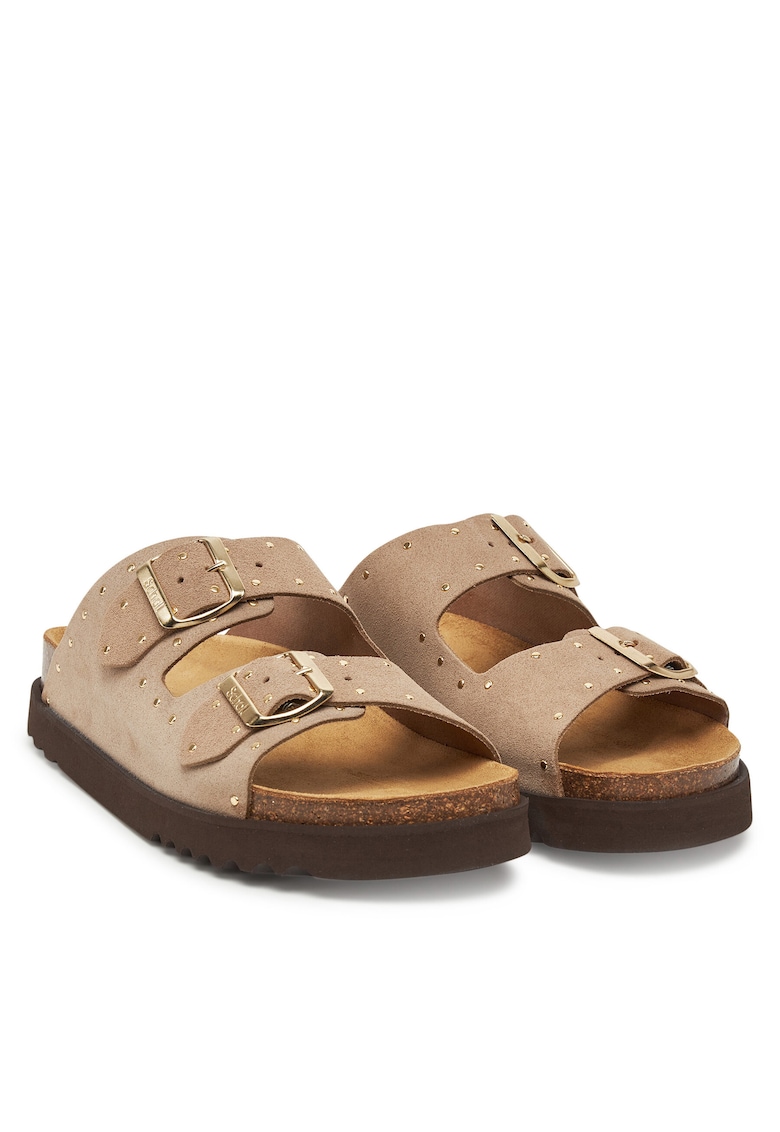 Papuci dama - Dk Beige/Gold - piele naturala -