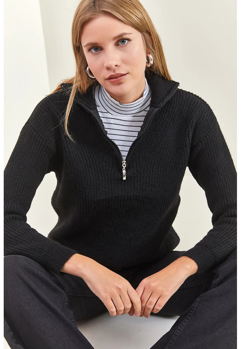 Pulover dama - supradimensionat - tricotat - negru - cu guler cu fermoar -