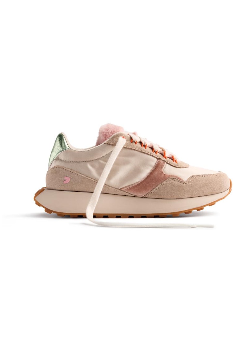 Pantofi sport de piele intoarsa cu garnituri textile si stralucitoare - Bej
