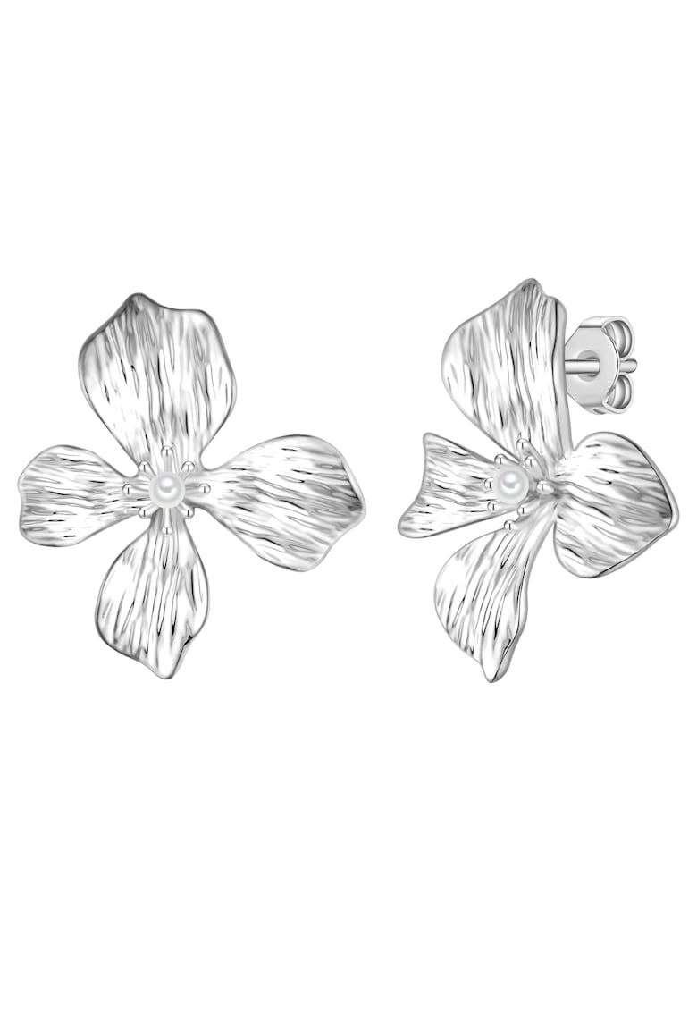 Cercei cu tija - in forma de floare - decorati cu perle sintetice - Argintiu