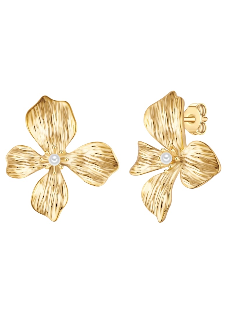 Cercei cu tija - in forma de floare - placati cu aur de 14K - decorati cu perle sintetice - Auriu