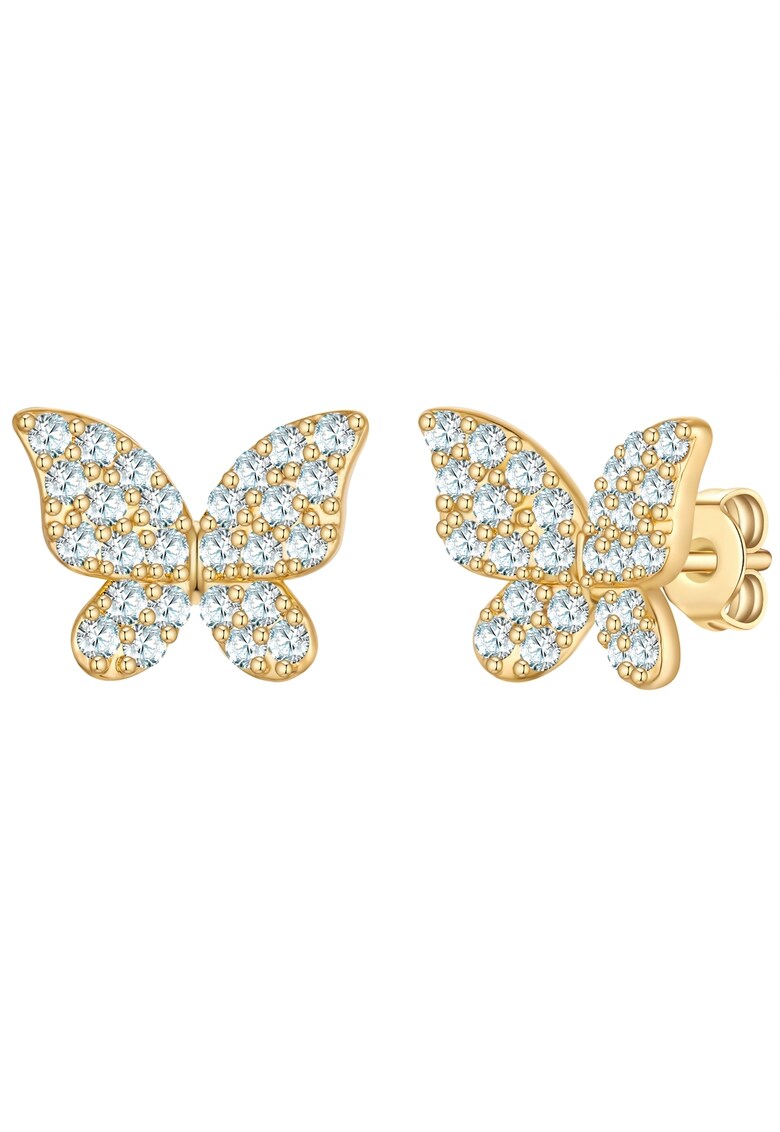 Cercei cu tija - in forma de fluturi - placati cu aur de 14K - decorati cu zirconia - Auriu