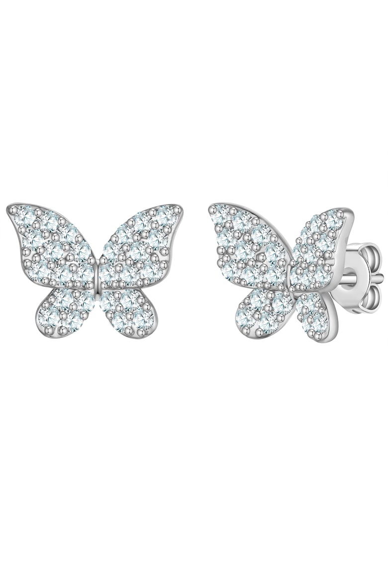 Cercei cu tija - in forma de fluturi - placati cu argint - decorati cu zirconia - Argintiu