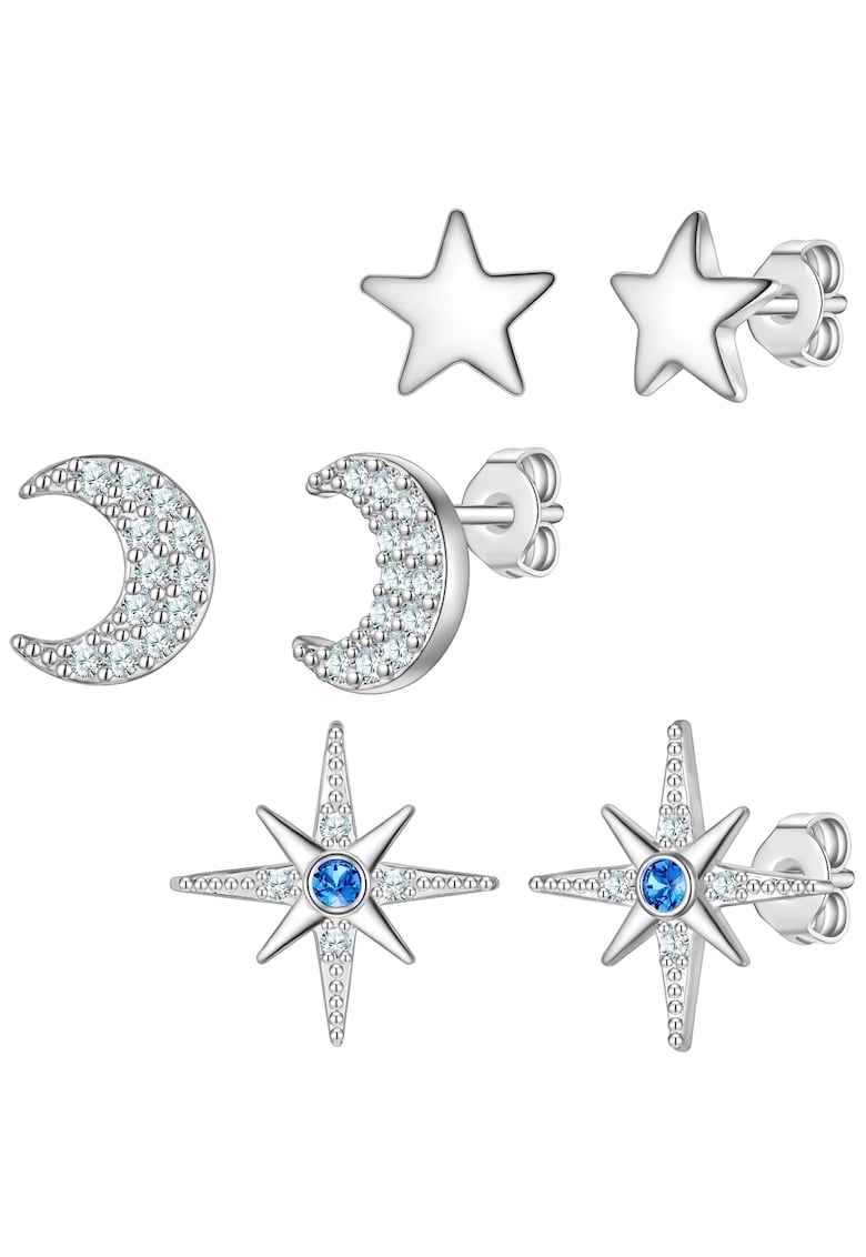 Set de cercei placati cu argint - zirconia si tija - 3 perechi - Argintiu